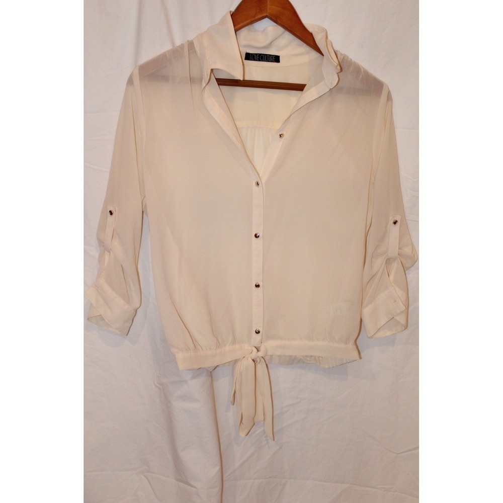 Love Culture Cream Sheer Blouse Medium Tie Front Button Up Top‎